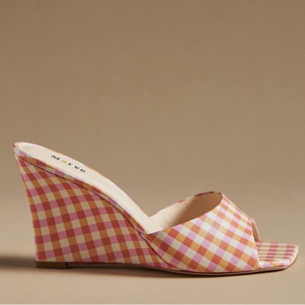 NIB Anthropologie Maeve Pink Gingham Square Toe Mule Sandals Size 8 - Picture 2 of 9